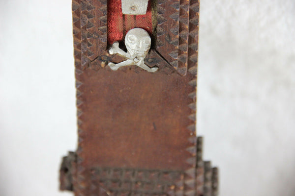 Huge French antique tramp art cigar box wood crucifix cross religious