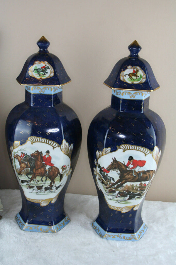 PAIR  French vases in Limoges porcelain hunting dogs horses scene marked