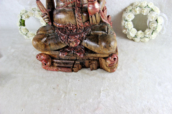 RareLarge Antique Wood carved polychrome GANESHA figurine statue god hindu