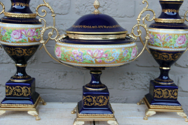 French set of 3 porcelain limoges centerpiece bowl with vases floral decor 1960