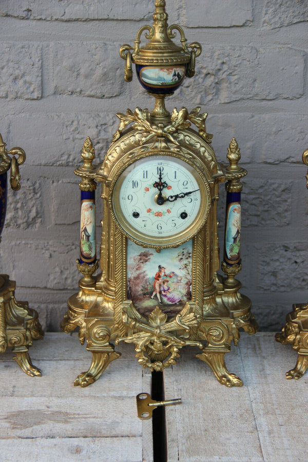 Stunning French Porcelain Clock set urns vases victorian romantic theme