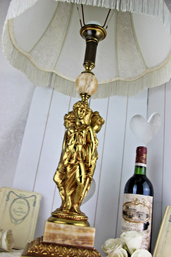 Huge Vintage 1960 French brass onyx Table lamp 3 Graces lady figurines