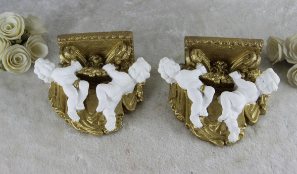 PAIR cute French chalkware putti angels Wall consoles Gold white 1970