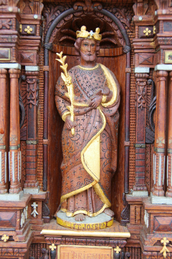 Rare Religious neo gothic oratory Black forest wood carved 1888  saint statue