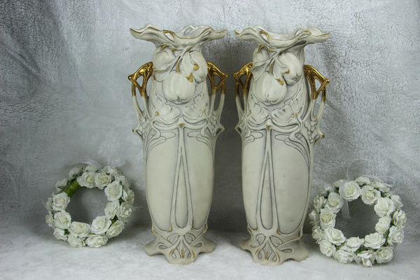 PAIR Art nouveau ROYAL DUX marked Pottery Vases Fruit apple