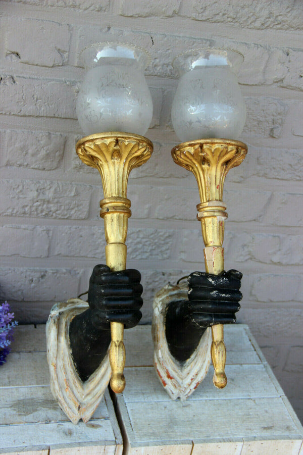 Rare PAIR 1950 Wood hand carved sconces torch castle Wall lights attr Jansen