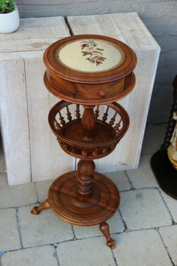 Stunning Vintage wood French Sewing Table stand needlepoint Floral top Drawer