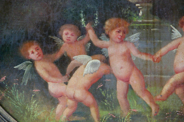 Antique French school oil canvas painting 19thc oval putti cherubs