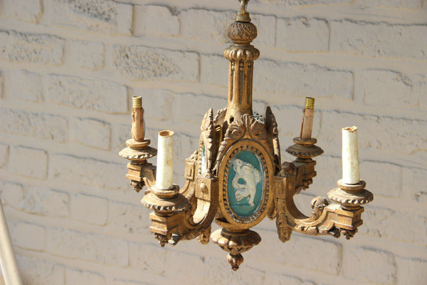 Antique French Wood carved  chandelier putti Angel scenes medaillon wedgwood