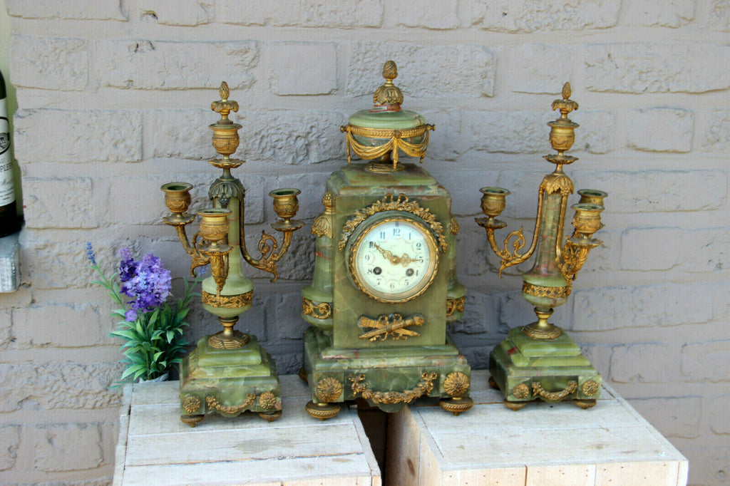 Antique French onyx and brass mantel clock set louis XVI decor
