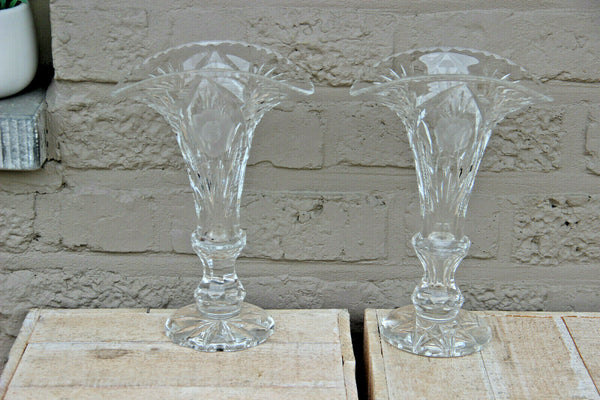 PAIR bohemian clear crystal glass vase floral decor 1960