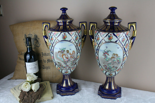 PAIR French porcelain Vases Romantic putti angels scene floral decor marked 50'