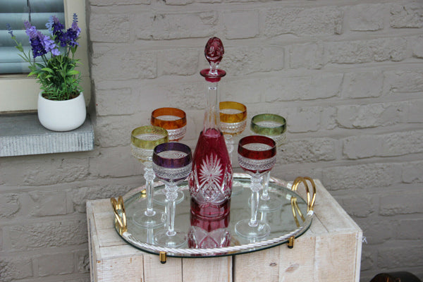 VAL SAINT LAMBERT Crystal glass decanter set on plate marked top piece