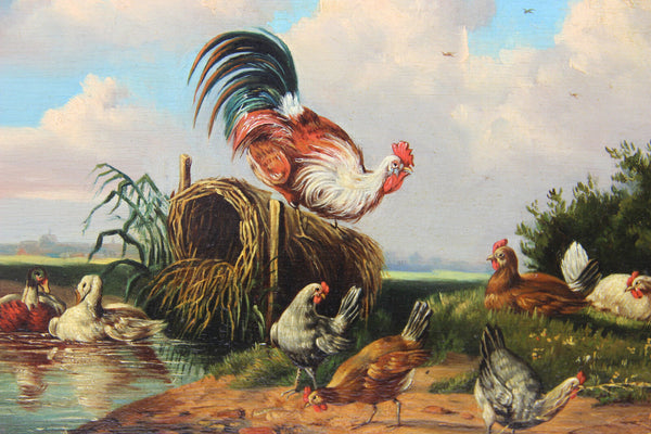 German school 1900s Oil panel painting chickens rooster poultry scene