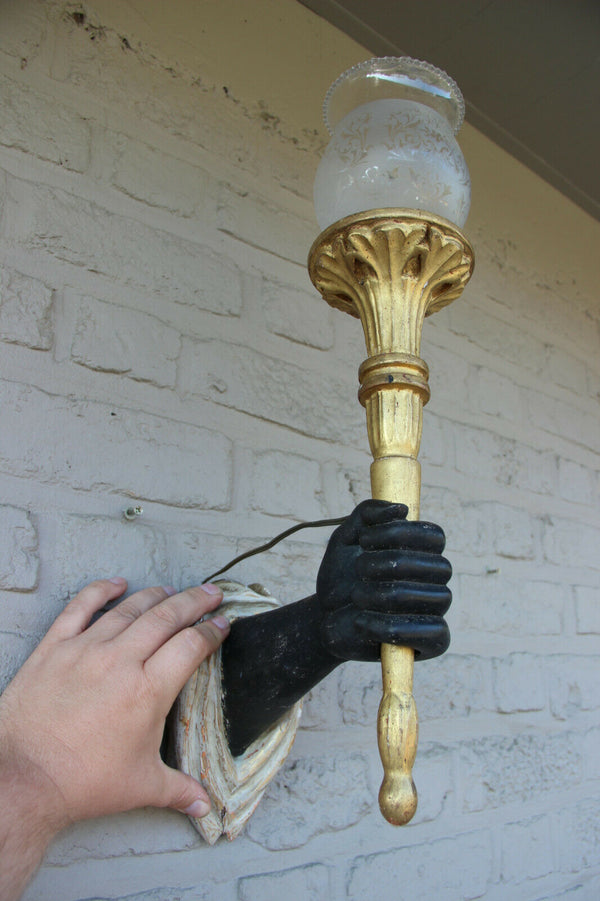 Rare PAIR 1950 Wood hand carved sconces torch castle Wall lights attr Jansen