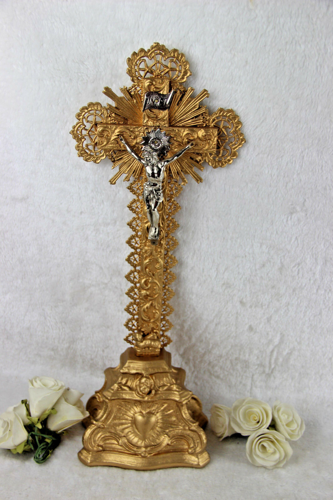 Antique chalkware Crucifix cross lamb putti religious 1920's France