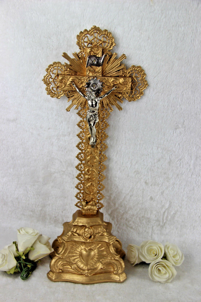 Antique chalkware Crucifix cross lamb putti religious 1920's France