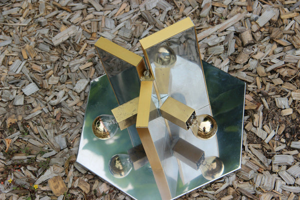 Mid century SCIOLARI marked flush mount lamp chandelier mirrored metal 1960 n2