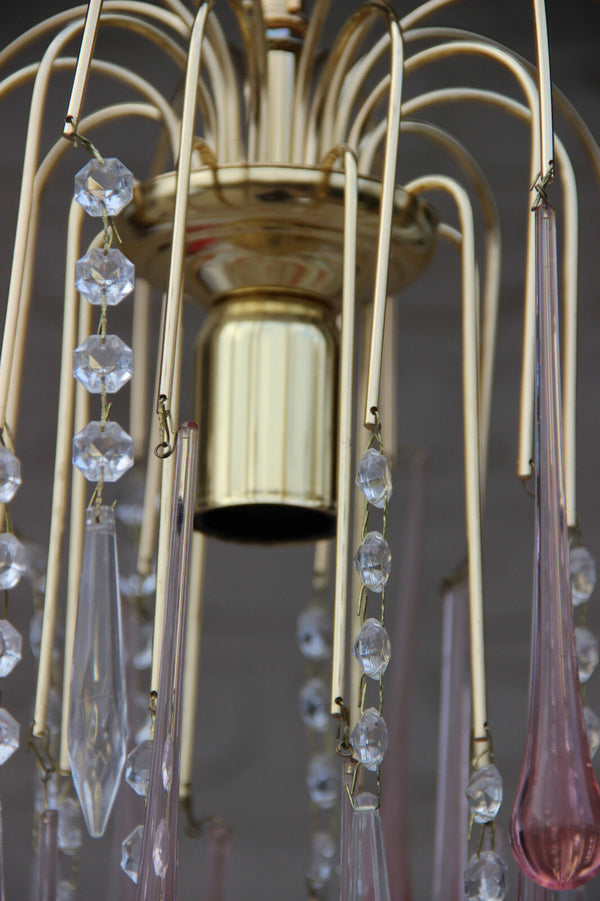 Vintage Murano drops pink Mid century Pendant chandelier brass 1970