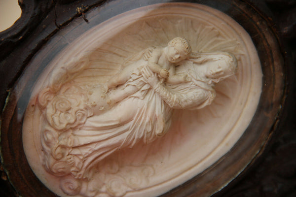 Antique Napoleon III wood carved crucifix meerschaum madonna signed ROGEAU