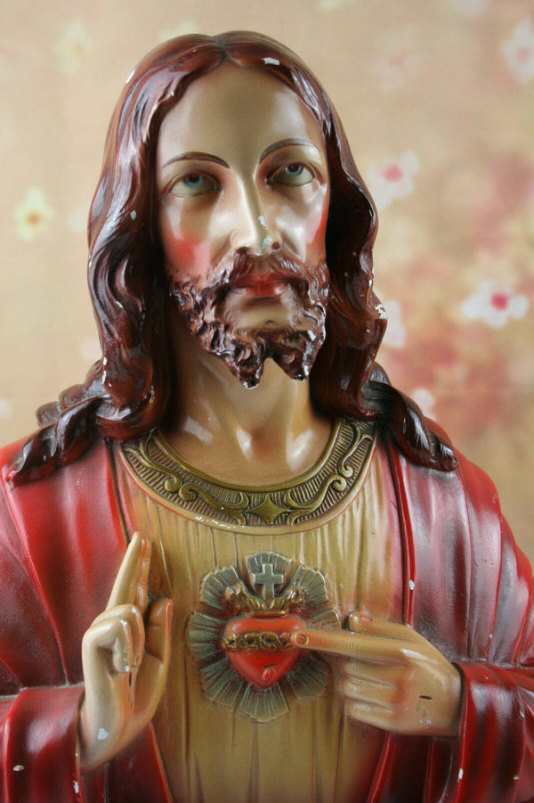 color Antique Jesus Christ Sacred Heart old Chalkware plaster statue colors