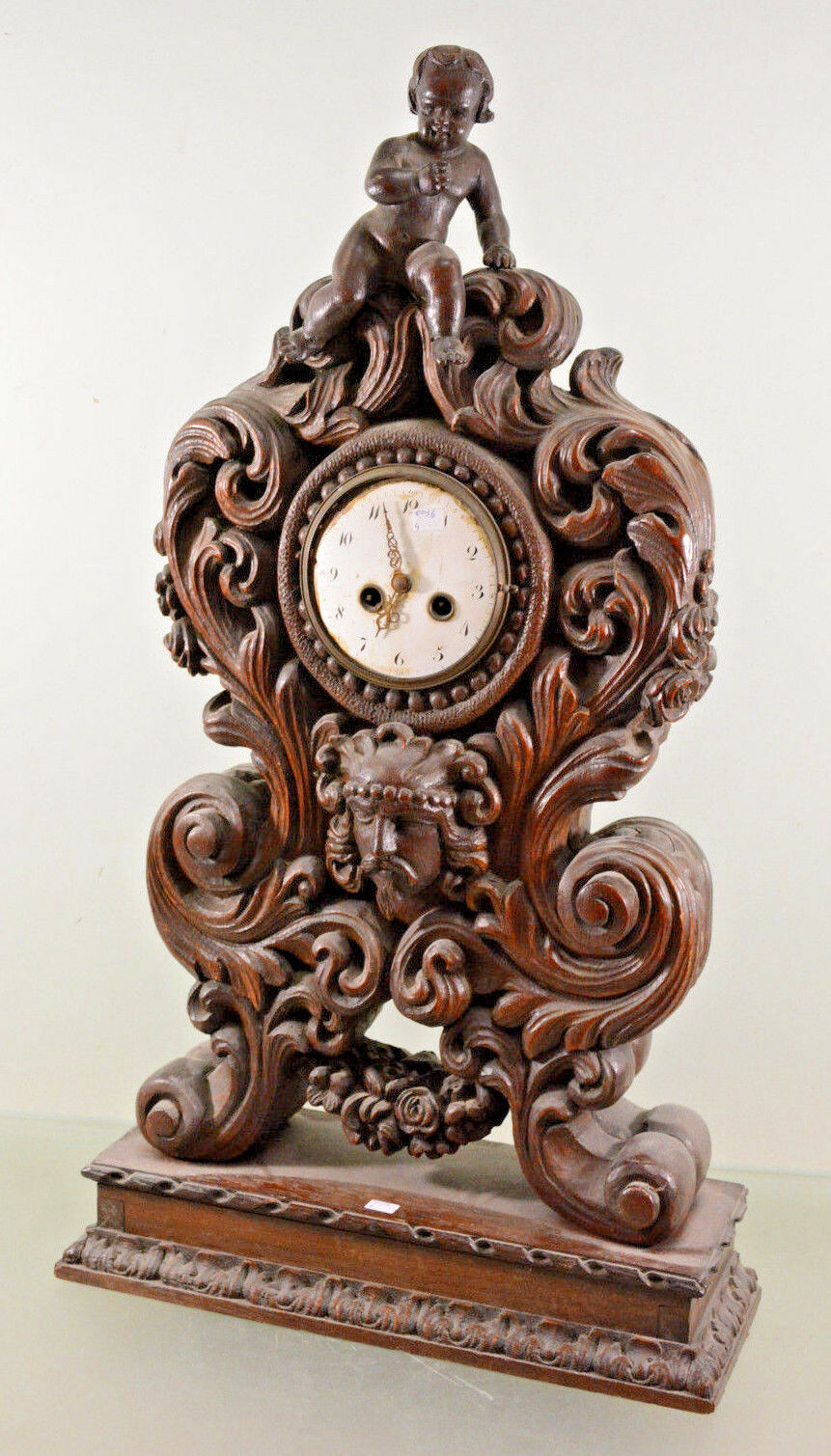 RARE! XXL Wood carved Black forest design Satyr putti 19thc French mantle clock