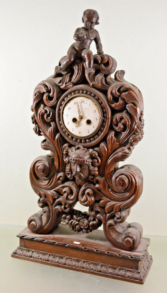 RARE! XXL Wood carved Black forest design Satyr putti 19thc French mantle clock