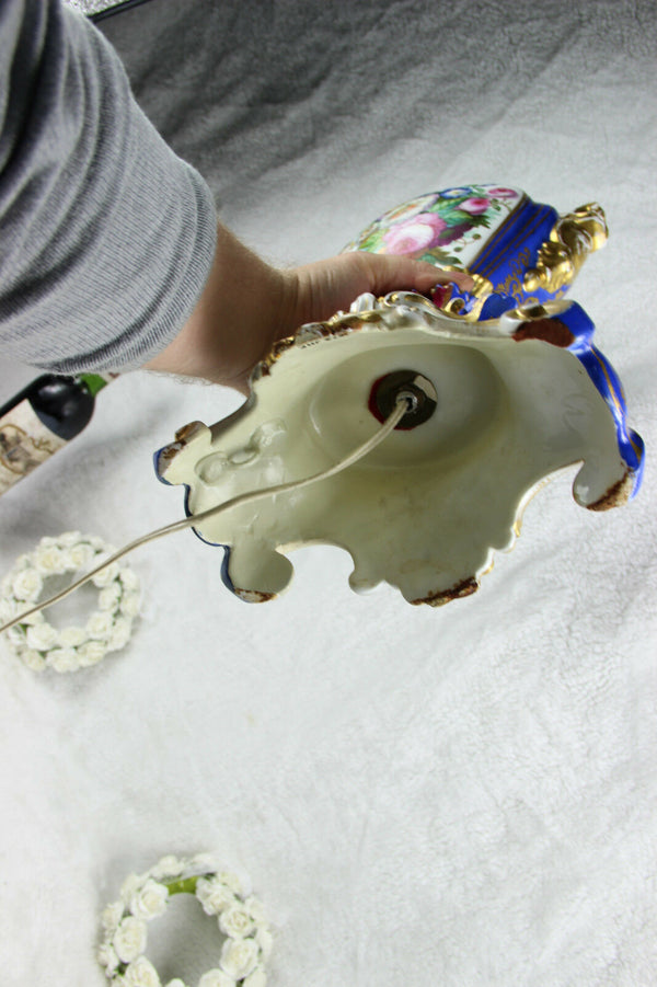 Antique French vieux old paris porcelain vase romantic dog scene floral Lamp