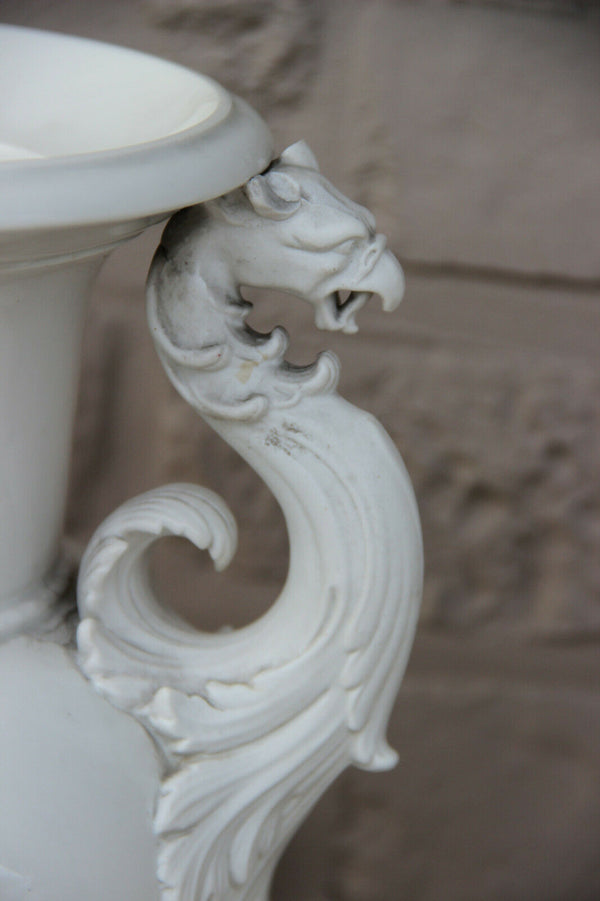 Antique White KPM Berlin white porcelain Dragon Griffon castle gothic Vase mark