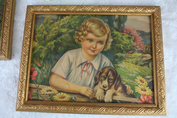 PAIR 1900 Antique VICTORIAN Chromo Print GIRL with dog framed