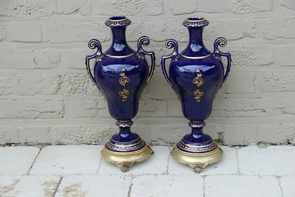 PAIR French Limoges blue porcelain romantic victorian scene Vases 1950