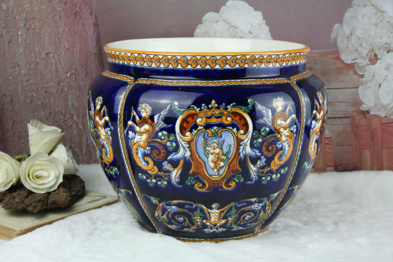 French GIEN Mythological Porcelain Satyr faun putti planter jardiniere 1930