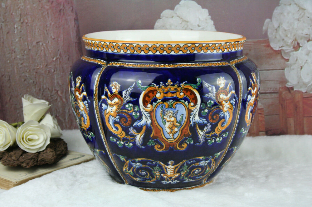 French GIEN Mythological Porcelain Satyr faun putti planter jardiniere 1930