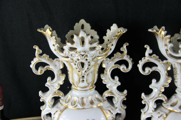 LARGE PAIR VIEUX PARIS  porcelain 1900 French antique VASES floral decor