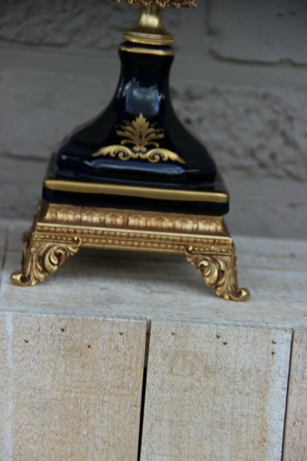 French Limoges cobalt porcelain centerpiece lidded bowl vase Victorian scene