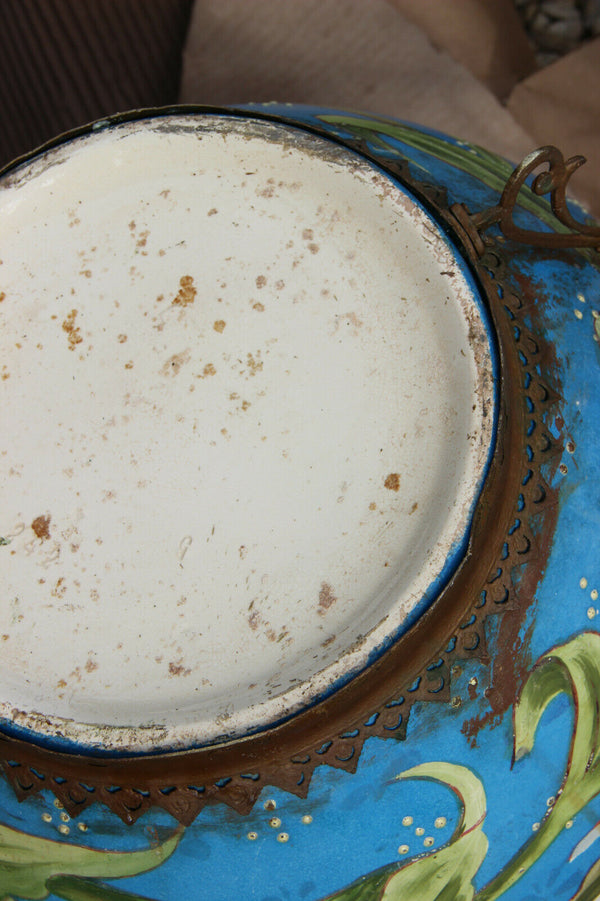 HUGE Antique Art nouveau ceramic barbotine enamel Planter jardiniere Floral