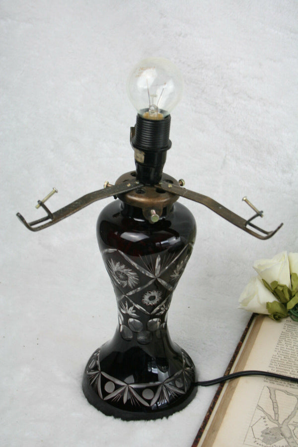 Rare Bohemian brown Cut clear glass crystal mushroom lamp 50's