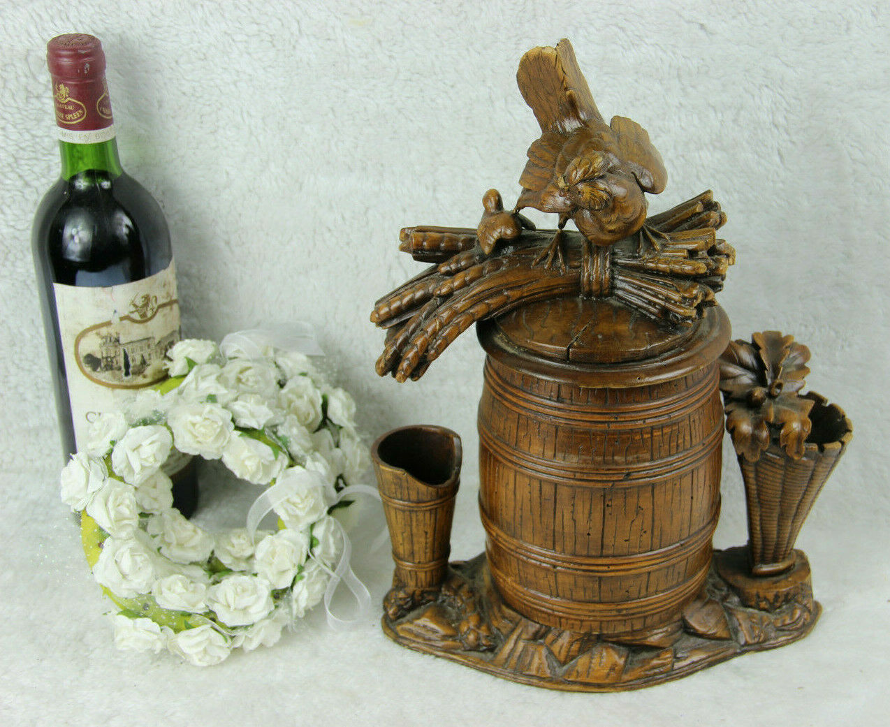 Antique 19thc Black forest wood carved tobacco smoking set chicken figurine