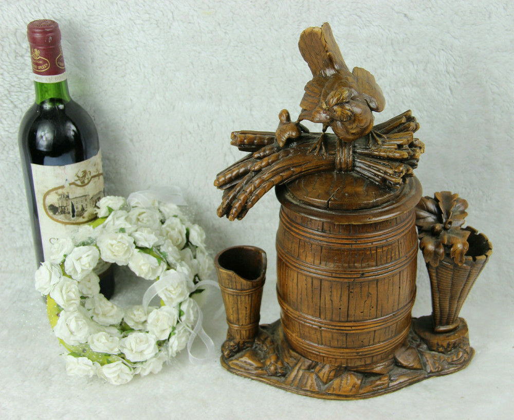 Antique 19thc Black forest wood carved tobacco smoking set chicken figurine