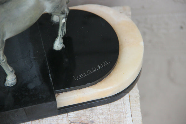 HUGE French Art Deco LIMOUSIN marked Spelter bronze marble horse group statue