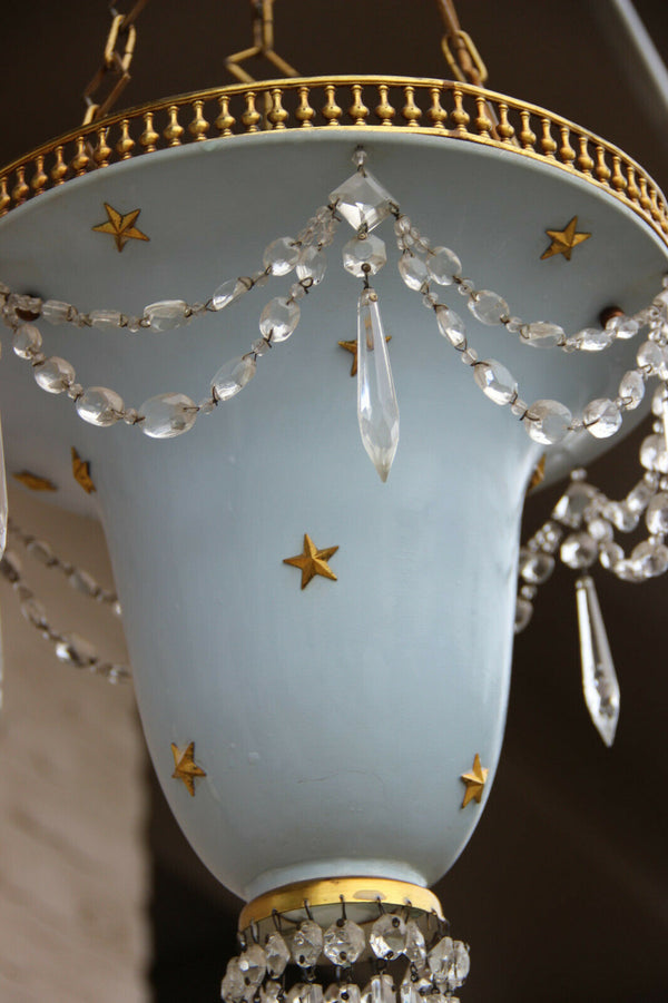 Vintage French 1980 pendant lantern chandelier  stars pendant glass drops