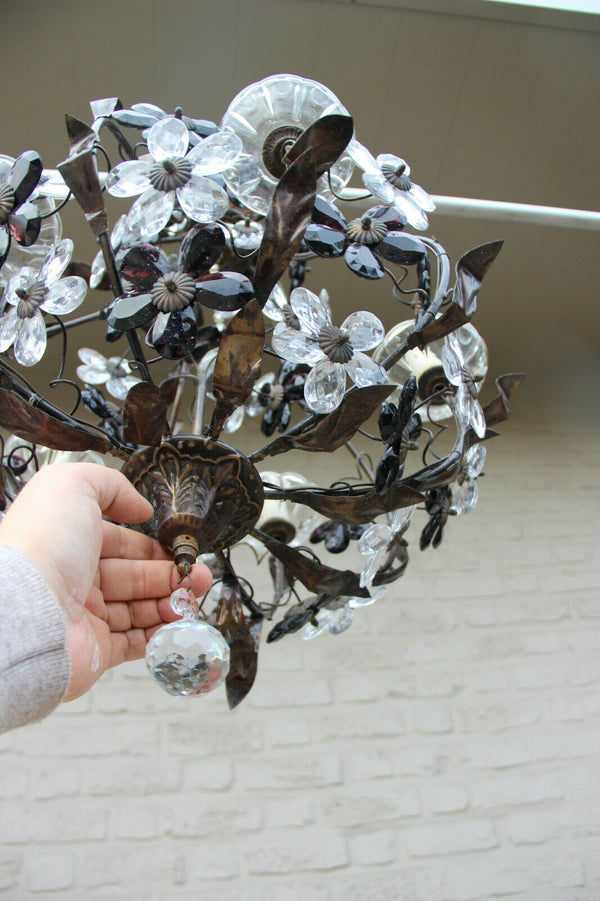 Vintage French metal Glass daisy flower Chandelier lamp attr MAISON BAGUES 1970