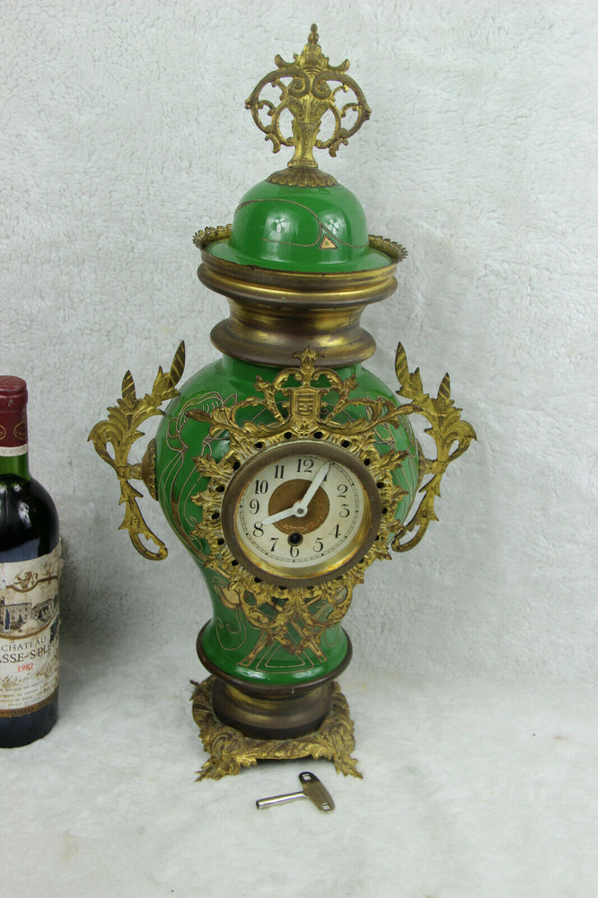 French antique Faience porcelain Green art nouveau clock