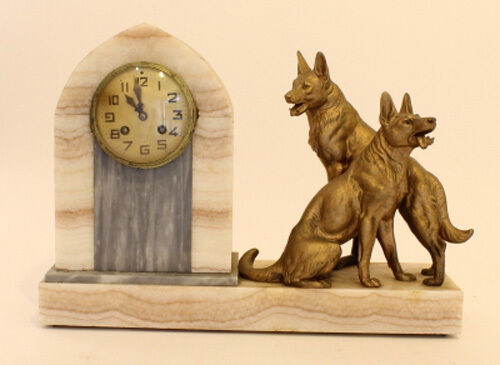 XL Heavy Marble French ART DECO 1930 Clock with spelter sheep dog couple