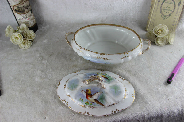 French limoges marked porcelain bird pheasant tableware salad bowl signed