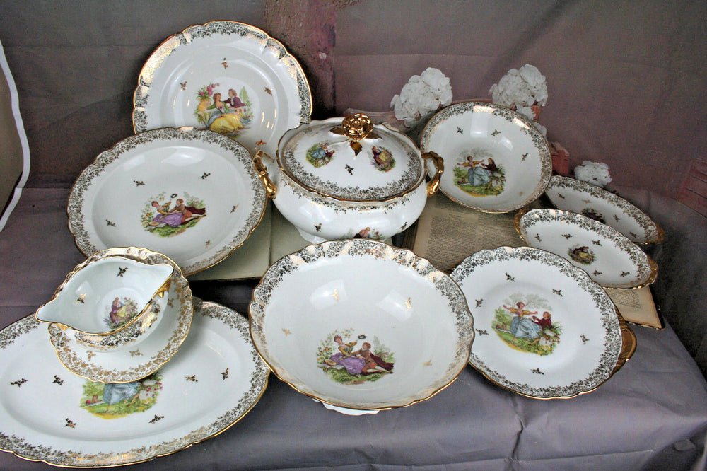 French Porcelain dinnerware set 10 pcs Soup / salad bowl saucer tray limoges
