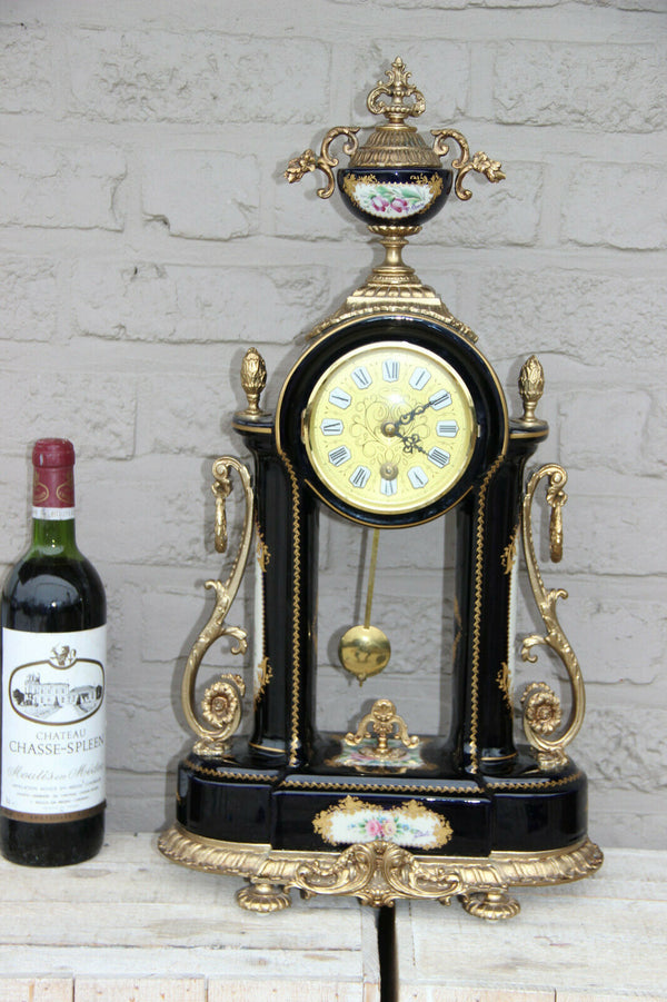 XL ACF sevres porcelain marked Mantel clock floral decor