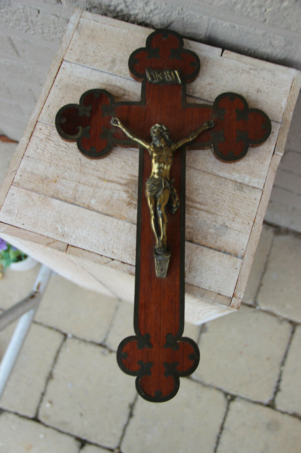 Old French antique wood carved Wall crucifix metal christ religious