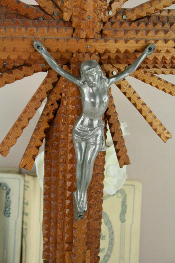 French antique crucifix wood tramp art 1945 hand made cross christ religious
