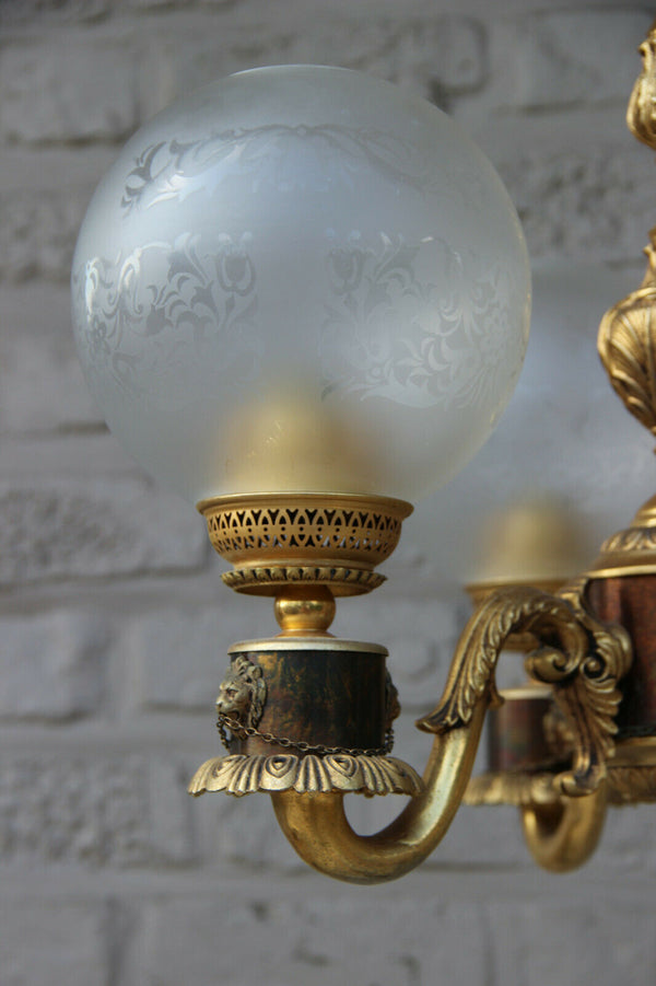 Vintage French brass 3 arm lion heads Chandelier glass globes 1970